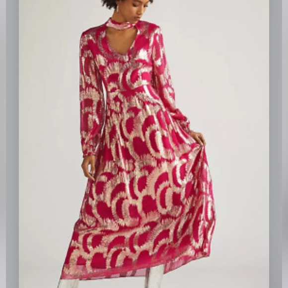 Anthropologie Hemant & Nandita Metallic Maxi Dress Pink & Gold Size4 - Picture 3 of 12